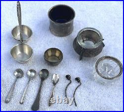 12 Pieces Mixed Lot of Sterling Silver Spoons & Salt Cellars with Glass Inserts