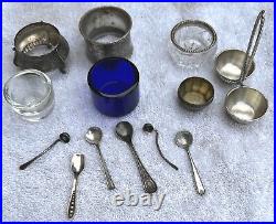 12 Pieces Mixed Lot of Sterling Silver Spoons & Salt Cellars with Glass Inserts