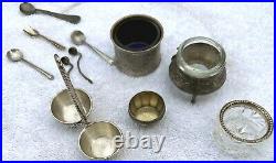 12 Pieces Mixed Lot of Sterling Silver Spoons & Salt Cellars with Glass Inserts