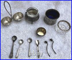 12 Pieces Mixed Lot of Sterling Silver Spoons & Salt Cellars with Glass Inserts