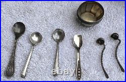 12 Pieces Mixed Lot of Sterling Silver Spoons & Salt Cellars with Glass Inserts