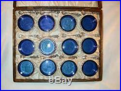 12 Sterling Silver Open Salts Cobalt Blue Glass Liner Salt Spoons Lined Wood Box