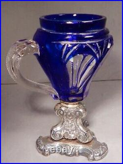 1800's ANTIQUE STERLING SILVER & COBALT CUT TO CLEAR CRYSTAL MUSTARD POT & SPOON