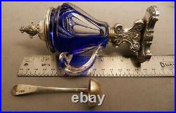 1800's ANTIQUE STERLING SILVER & COBALT CUT TO CLEAR CRYSTAL MUSTARD POT & SPOON