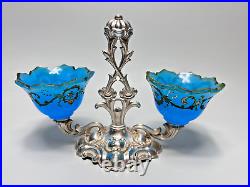 1820's Antique German Biedermeier Silver Blue Opaline Glass Open Salt Cellar Pot