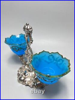 1820's Antique German Biedermeier Silver Blue Opaline Glass Open Salt Cellar Pot