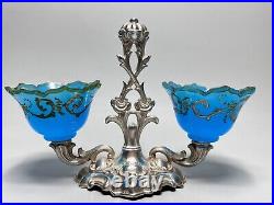 1820's Antique German Biedermeier Silver Blue Opaline Glass Open Salt Cellar Pot