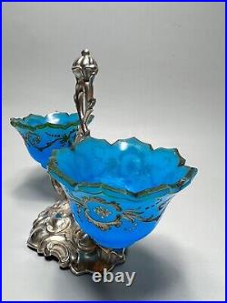 1820's Antique German Biedermeier Silver Blue Opaline Glass Open Salt Cellar Pot