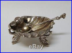 1870 ENGLISH STERLING SILVER DOLPHIN & SHELL OPEN SALT CELLAR DISH & SPOON