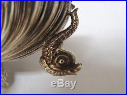 1870 ENGLISH STERLING SILVER DOLPHIN & SHELL OPEN SALT CELLAR DISH & SPOON