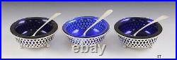 1899 Fine Set 3 Gorham Sterling Silver Open Salt Cellars with Cobalt Liners