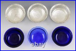 1899 Fine Set 3 Gorham Sterling Silver Open Salt Cellars with Cobalt Liners