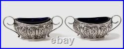 1901 England Antique Salt Cellars Sterling Silver 925 Engraved. With Glass. 2 pc