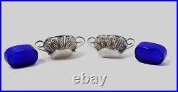 1901 England Antique Salt Cellars Sterling Silver 925 Engraved. With Glass. 2 pc