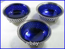 1902 Set of 3 Gorham Open Work Sterling Silver Salt Cellars with Blue Liners #A288