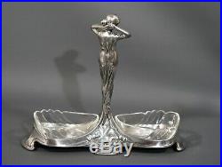 1906 WMF Art Nouveau Lady Figurine Ivy Motif Open Salt Cellar Dish Crystal Pots