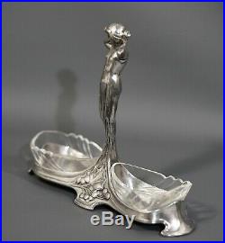 1906 WMF Art Nouveau Lady Figurine Ivy Motif Open Salt Cellar Dish Crystal Pots