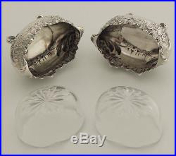 19c Antique French Sterling Silver Salt Cellars Pair Rococo Glass Inner Minerva
