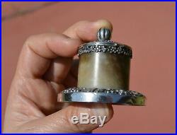 19C Chinese Jade Archer Ring Carved Sterling Silver Salt Pepper Cellar Mk