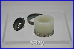 19C Chinese White Jade Archer Ring Carved Sterling Silver Salt Pepper Cellar