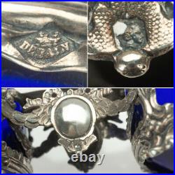 19c Debain Antique French Sterling Silver Double Open Salt Cellar Cobalt Rococo