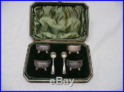 19th C. James Dixon & Sons 4 Sterling Salt Cellars Cased with 2 EPNS Spoons