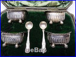 19th C. James Dixon & Sons 4 Sterling Salt Cellars Cased with 2 EPNS Spoons