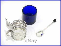 2 3/8 Sterling Silver Blue Glass Webster Antique Openwork Salt Cellar with Spoon