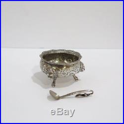 2.75 in Coin Silver Antique English Lion Decorated Salt Cellar with Spoon
