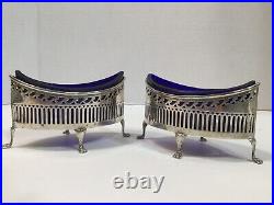 2 Antique French 800 Silver & Cobalt Glass Master Open Salts, With Cobalt Liners