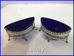 2 Antique French 800 Silver & Cobalt Glass Master Open Salts, With Cobalt Liners
