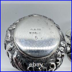 (2) Antique Pair Sterling Silver 925 Repousse Floral Salt Cellars Set Vintage