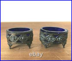 2 Antique ROSE Ornate Matching 800 silver salt cellar cobalt blue glass liners