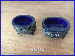 2 Antique ROSE Ornate Matching 800 silver salt cellar cobalt blue glass liners