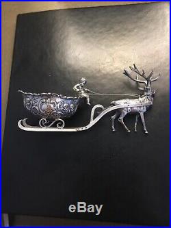 2 Antique Silver Hallmarked Salt Cellars Reindeer Putti Cherubs with Sleigh & Cart