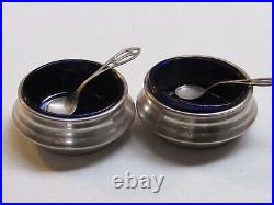 2 Baldwin & Miller Sterling Silver Salts cobalt blue glass inserts + spoons