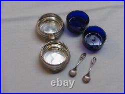 2 Baldwin & Miller Sterling Silver Salts cobalt blue glass inserts + spoons