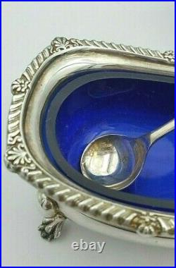 2 Barker Ellis English Silverplate Salt Dips Cellars & Spoons Blue Liners 11159