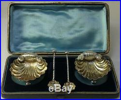 2 Cased Victoria hallmarked Sterling Silver Shell Salt Cellars & Spoons 1891