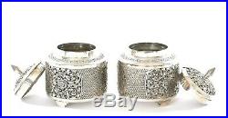 2 Chinese Sterling Silver Salt & Pepper Shaker Cellar Set Glass Cup 130 Gram