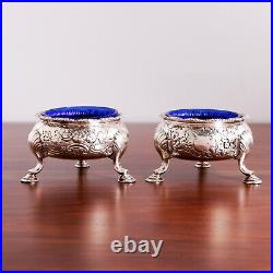 2 English Rococo Sterling Silver Footed Salt Cellars Repousse Floral Scroll 1752