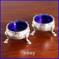 2 English Rococo Sterling Silver Footed Salt Cellars Repousse Floral Scroll 1752