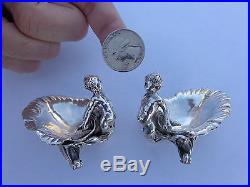 2 French Art Nouveau Small Solid Silver Mermaid Sculptures Waves Shells Bowls
