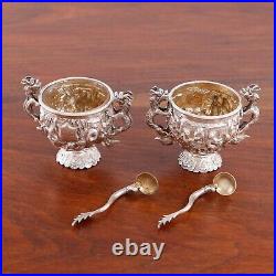 2 JUN / ZEON MING CHINESE EXPORT STERLING SILVER SALT CELLARS With SPOONS DRAGONS