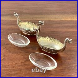 (2) NORWEGIAN FIGURAL SILVER SALT CELLARS VIKING SHIP FORM With INSERTS CATHEDRAL