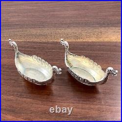 (2) NORWEGIAN FIGURAL SILVER SALT CELLARS VIKING SHIP FORM With INSERTS CATHEDRAL