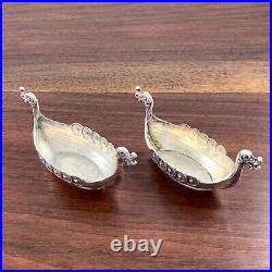 (2) NORWEGIAN FIGURAL SILVER SALT CELLARS VIKING SHIP FORM With INSERTS CATHEDRAL