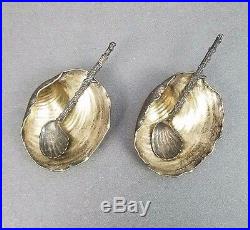 2 Narragansett Salt Cellars w Spoons Gorham Sterling Silver Antique Shell