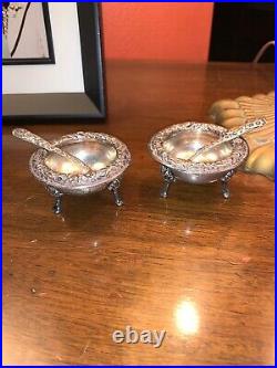 2 RARE 4 Pc With Spoons S. Kirk & Son #58 Sterling Silver Repousse Salt Cellars