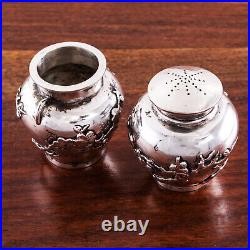 2 S. C Chinese Export Sterling Silver Salt Cellar & Pepper Shaker Cherry Blossom